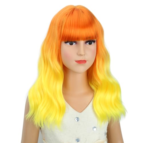Image of PATTNIUM Grils Orange Ombre Wig with Bangs Kids Short Wavy Curly Wig Orange Bob Wigs Synthetic Halloween Costume Cosplay Party Wigs
