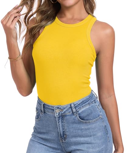 Qaffier Tank Top for Women High Neck Sleeveless Slim Fitted Summer Workout Tops Cotton Ribbed Racerback Shirts