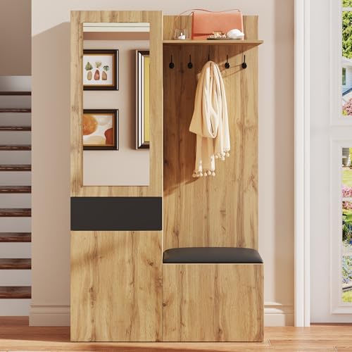 Kebnor Juego de perchero con 5 percheros, espejo, zapatero, armario empotrado con estantes superiores, cajones, estantes superiores, banco de perchero.