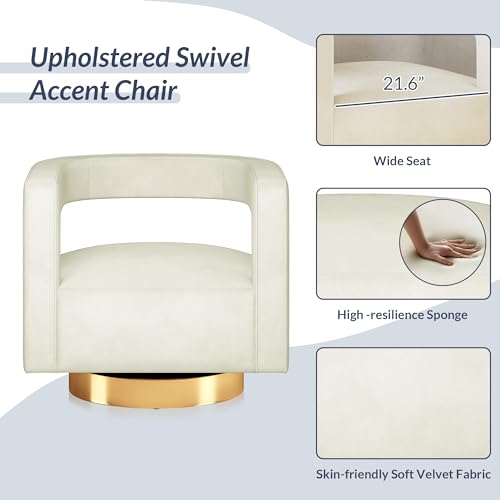 Image of BELLEZE Swivel Barrel Accent Chair Set of 2, Modern Upholstered Arm Comfy Velvet Curved Back Round Chair with Gold Base Wood Frame, 360 Degree for Living Room Bedroom Office,Ivory