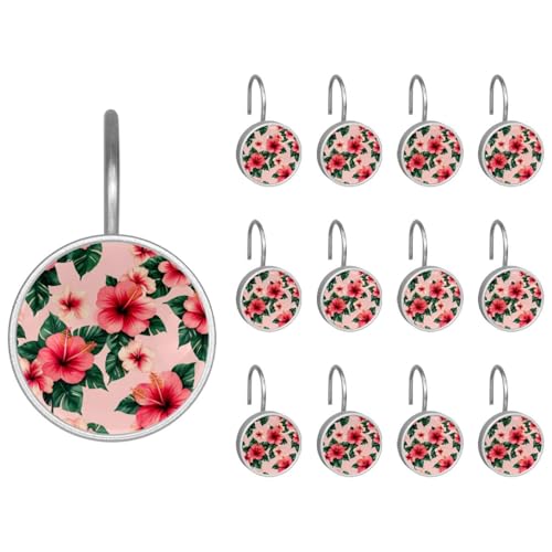 12pcs Glass Shower Curtain Hooks, Rust Resistant Decorative Shower Rings for Bathroom Living Room,Stainless Steel Hooks for Shower Curtain and Liner Rods (Pink Hibiscus Flower)