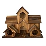 GANCEI Casetta per uccelli e mangiatoia per esterni in legno con tetto inclinato, struttura in legno massiccio e fori di ingresso multipli, scatola di nidificazione in stile villa per pappagalli