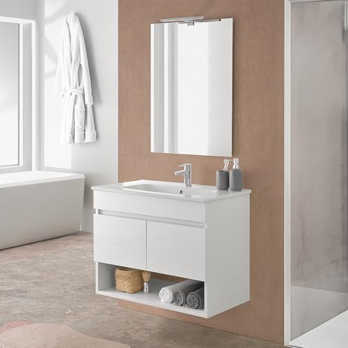 Il mobile dispone di 2 ante con CHIUSURA SOFT-CLOSE e pratico vano a giorno; la base ospita un lavabo in ceramica smaltata di ALTA QUALITA’ e si completa di una specchiera a filo con INSTALLAZIONE REVERSIBILE