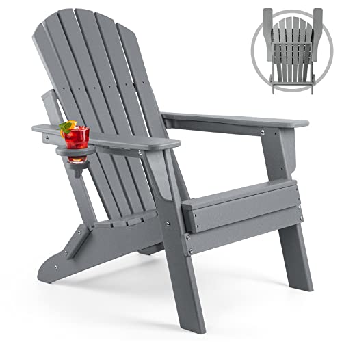 FUNBERRY Folding Adirondack Chair, All Weather HDPE Fire Pit Chairs with Cup Holder