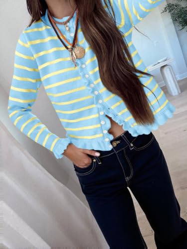 Image of Saodimallsu Womens Ruffle Cardigan Sweaters Button Up Crew Neck Long Sleeve Cropped Sweater Cute Soft Knit Tops