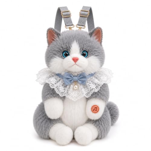 Image of Babique Realistic Cat Plush Backpack with Meow Sound, Cute Fluffy Kitty Soft Toy Shoulder Bag for Girls, Women & Kids, Kawaii Animal Plush Backpack for Travel, School, Daily Use & Birthday Gift, Gray