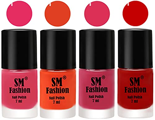 Image of Nail Polish Combo Set (Pack of 4) Quick Dry Gel Finish Nail Paint | Dark Rose Pink,Reddish Orange ,Dusty Pink,Orange | 7 ml Each