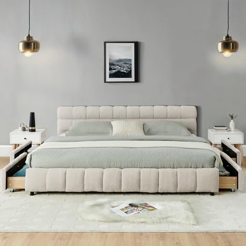 FULife Chenille Grounded Bed with Thick Headboard and 4 Storage Drawers for Bedroom, California King Size Upholstered Floor Bed w/Solid Wood Frame, Space-Saving Design & No Box Spring Needed, Beige