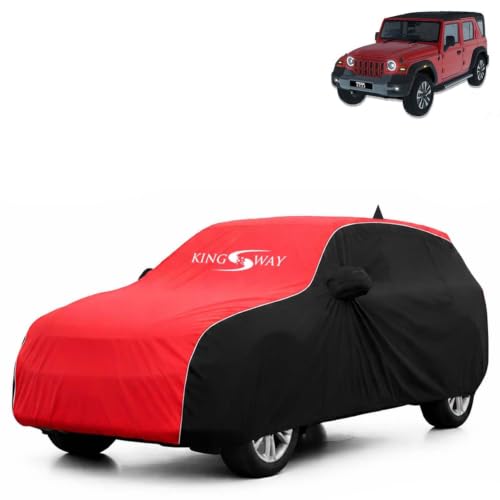 Image of KINGSWAY Super Waterproof Car Cover Only with Mahindra Thar Roxx (Year 2024 Onwards - All Model) | Mirror and Antenna Pockets | All Weather Car Body Cover with Silver Piping | Black Red