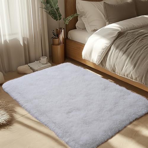 Zentavio Area Rugs for Living Room Small Carpet for Bedroom 3x5 Bedside Washable Soft Fluffy Shag Aesthetic Plush High Pile Throw Rug for Nursery Kids Room Dorm Room White
