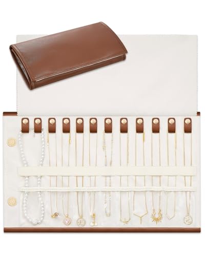 Lolalet Travel Necklace Organizer Tangle-Free Necklace Case for Travel Foldable Roll Up Jewelry Storage Bag for Necklaces Chains Bracelets Caramel 12 Slots Holder