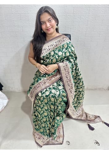 Image of Women's Banarasi Silk Georgette Saree Featuring Silver Sequin And Mirror Work