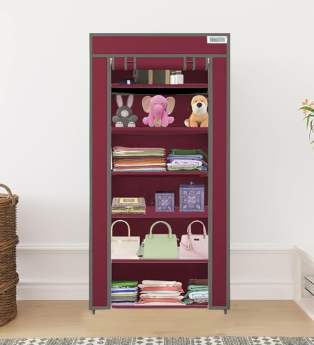 Image of FLIPZON Collapsible Fabric Wardrobe Organizer for Clothes (Iron and Non Woven Fabric) (Maroon, 6 Shelve)