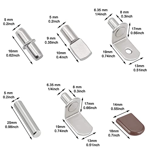 102Pcs Shelf Pins Pegs Kit,6 Styles Nickel Plated Shelf Support Pegs,Bookshelf Pegs for Shelves,L-Shaped Clips with Rubber Sleeve,Shelf Pins Holders for Furniture Glass Corner & Closet(5mm & 1/4inch)