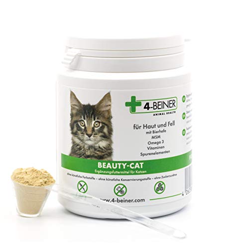 4-BEINER Beauty-Cat: Poil Brillant, vitamines pour Chats avec oméga 3, MSM, Complexe de vitamines B, Vitamine C, biotine, Chardon-Marie, levure de bière, Zinc, sélénium, 90 g de Poudre