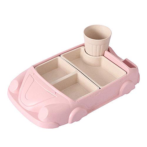 Baby Dishes Food Container Bamboo Fiber Baby Tableware Dinnerware Toddler Kids Feeding Bowls Cartoon Dinner Dinnerware Sets (Pink)