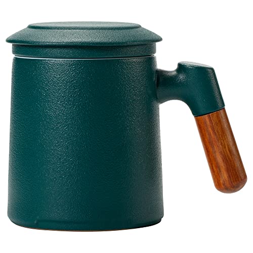 Heer Ceramic Infusion Tea Mug With Infuser And Lid For Steeping Loose Leaf Tea, Chinese Modern Wooden Handle Diffuser Coffe Tea Cup For Home Office. 13.5Oz (400Ml) (Green) #TOP5