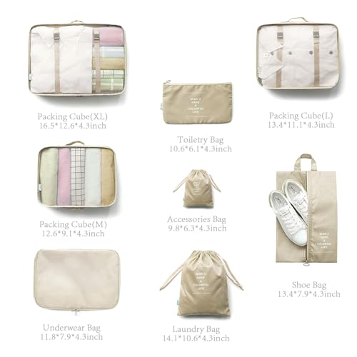 8 Pieces Mesh Packing Cubes for Travel, Luggage Packing Organizers Bags Set, Travel Essentials Suitcases Accessories with Laundry Bag, Storage Shoe Bag, Clothing Underwear Bag (Cream, 8 set)3