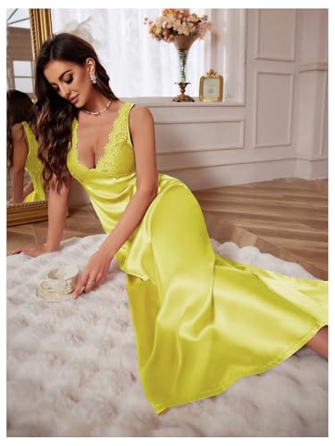 Image of WDIRARA Women's Satin Sleepwear Nightgown | Lace, Backless, Deep V Neck, Sleeveless, Long