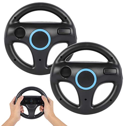 Volante para Nintendo Wii y Wii U, PowerLead 2 pcs Blanc Racing Wheel Compatible con Mario Kart, Rueda del Controlador de Juego para Nintendo Wii Remote Game-Negro