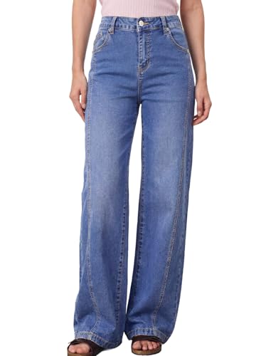 Astylish Durable Cotton Blend Jeans Women High Rise Wide Leg Pants Soft Touch Denim for Daily Wear Sky Blue Size 12