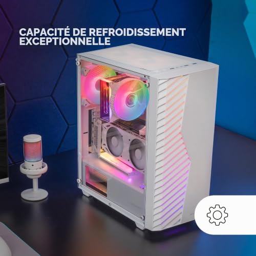 Mars Gaming MC-Volt, Boîtier Gaming ATX, Ventilateur ARGB 120mm, Grille Frontale ARGB, Fenêtre Latérale en Verre Trempé, Gestion de Câblage, Semi-Tour PC avec Support Refroidissement Liquide, Blanc