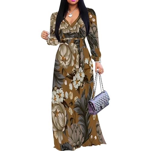 Image of Women Plus Size Long Sleeve V Neck Maxi Dress with Belt | Soft fabric relaxed fit three quarter sleeve v neck with pockets for party and daily wear