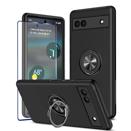KRAFTCARE Hülle für Google Pixel 6A mit 1 Pack Schutzfolie Handyhülle mit Eingebetteter 360 Grad Ring Magnetische Schutzhülle Stoßfest Cover Case für Google Pixel 6A Schwarz