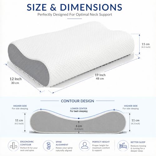 Image of Memory Foam Cervical Pillow for Neck Pain Relief Ergonomic Contour Design for Back & Side Sleepers Breathable Washable Cover Neck Support Sleeping Pillow