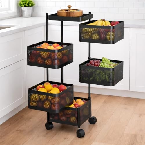 Image of RADIANT 5 Layer Multipurpose Plastic Trolley with Dish Rack for Kitchen Fruit Vegetable Storage Basket Kitchenware Food, Snacks, Toys, Tiered Shelf (Black) (Square Trolley - 5 Layer)
