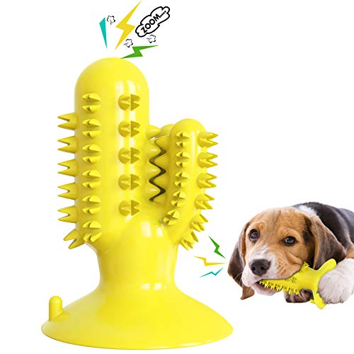 Dog Toothbrush Chew Toys Cactus Dog Chew Toys Dog Teeth Cleaning Stick Squeaky Dog Toys for Small Medium Dogs & Puppies (Yellow)
