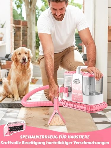 Polsterreiniger Gerät, 600W Nasssauger, 16Kpa mit 500ml Reinigungslösung & 5 Zubehörteilen, Polstermöbel, Fleckenreiniger für Teppiche, Sofas, Treppen, Autos, leichtes und kompaktes Design, Rosa