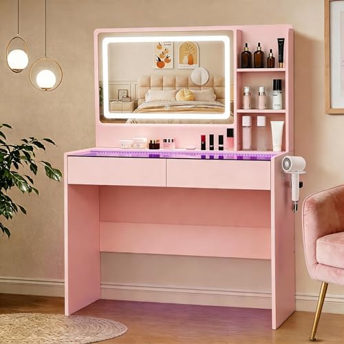 Image of Modern Makeup Vanity with LED Mirror, RGB Lighting, Glass Desktop and 2 Drawers, Small Space Vanity Desk for Women & Teen Girls, Pink Bedroom Dressing Table with Adjustable Lights