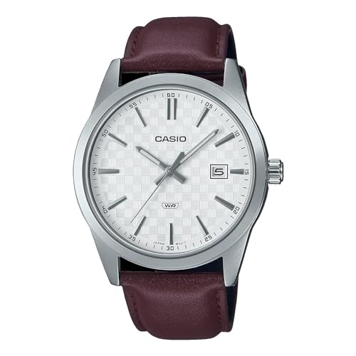 Casio MTP-VD03L-5A Men's Standard Brown Leather Band White Dial 3-Hand Analog Watch
