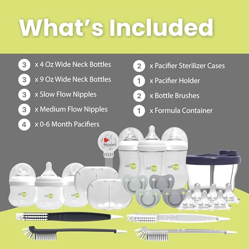 Anti Colic Baby Bottle Starter Set - 22 Pieces, Medium & Slow Flow Nipples, Infant Pacifiers, Formula Dispensers & More - Baby Bottle Sets for Newborn 0-6 Months