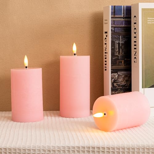 Image of Pink Flameless Pillar Candles, Real Wax Battery Operated Candles with Remote, Flat Top Flickering Flameless Candles, LED Candles for Home Party Wedding Romantic Night Decor, Set of 3