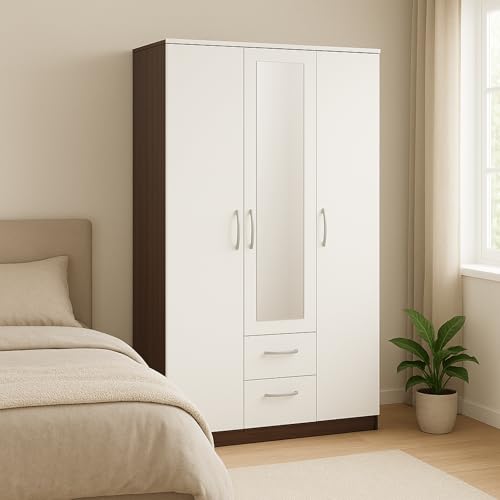Image of AAVATAR 3 Door Wooden Wardrobe with Mirror & Drawers | White & Walnut Finish Almirah for Bedroom | Engineered Wood Cupboard with Lockable Doors, Spacious Storage Shelves (75 x 44 x 19 Inch)