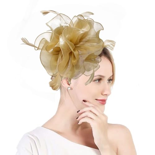 Women Organza Fascinator Hat Flower Feather Fascinators Tea Party Hat Headwear Fascinator Headband for Wedding Evening Church Gold