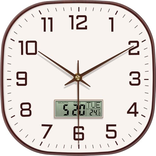 Image of STAR WORK 12 inch Inch Square Silent Non-Ticking Quartz Movement Wall Clock with Analog & Digital Display | Easy-to-Read Numbers | Modern Design for Living Room, Bedroom or Office (White - Brown Digital)