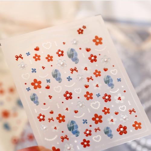 Image of Red Flower Nail Stickers Decals Pearl Heart Design Nail Decals for Nail Art