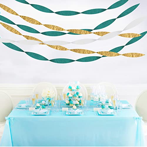 Image of Teal-Turquoise White Gold Party-Decorations Streamers - 9 Rolls Woman Girl Birthday Crepe Tissue Paper Streamer Graduation Wedding Bachelorette Engagement Bridal Baby Shower Garland Decor Panduola