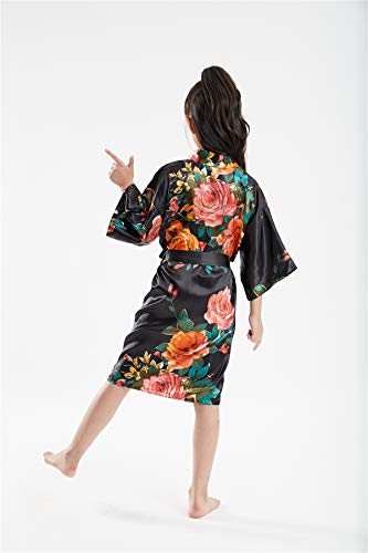 Peony Floral Silk Kimono Robe Wedding Bridesmaid Robes Dressing Gown Nightgown For Girls Black #TOP4