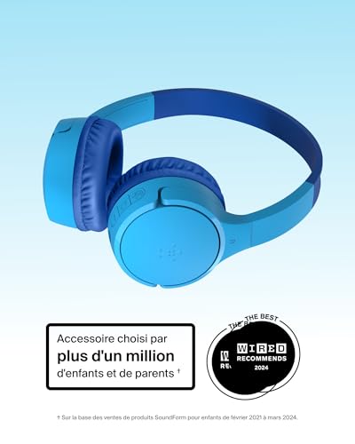 Belkin SoundForm Mini Casque Audio sans Fil pour Enfants avec Micro intégré (Circum-aural, autonomie de 30 h, pour Apprentissage, Voyages, Autocollants Amusants, pour iPhone, iPad, Galaxy) - Bleu