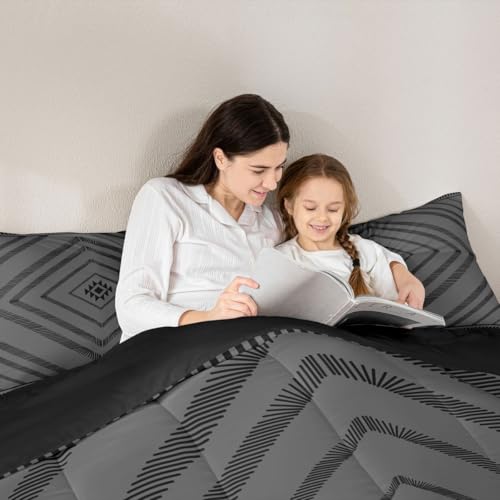 Image of Feelyou Aztec Comforter Set Twin Size Boho Bedding Set for Kids Boys Girls Black Moroccan Style Duvet Quilt Classic Diamond Pattern Bedroom Decor Microfiber 2 Pcs with 1 Pillow Cases