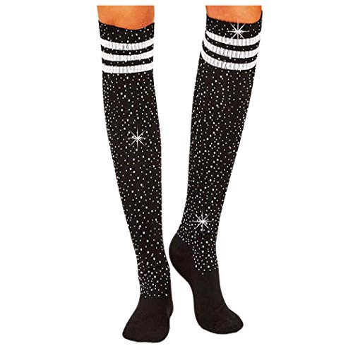 Yokawe Women's Over Knee High Stockings Sexy Sparkle Rhinestone Socks Long Casual Stocking (Black-White stripe)