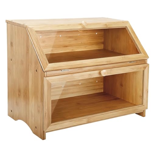 木製ブレッドボックス - 特大気密2段パン収納ビン、焼き菓子、ロール、デザート、スナック、果物、野菜の自宅、パントリー、またはアパートの保管用のモダンなキッチンカウンターオーガナイザー