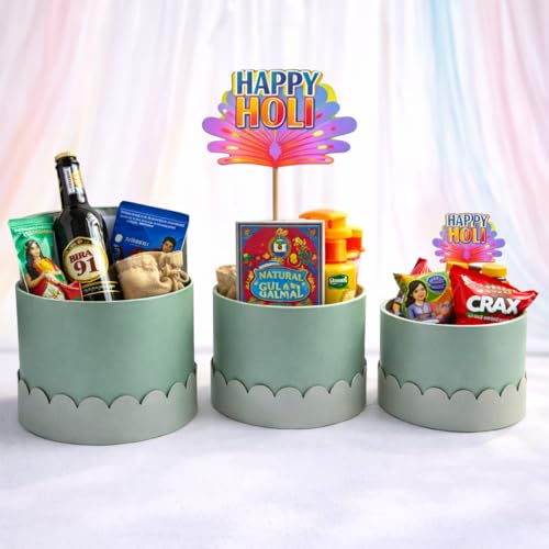 Image of Oasis Pack of 3 Premium Round Gift & Flower Hamper Boxes With Scalloped Lid | Classic Bouquet Box for Flower Arrangements & Gift Hampers | Decorative Gift Packaging Box With Waterproof Liner - Baby Blue & Grey