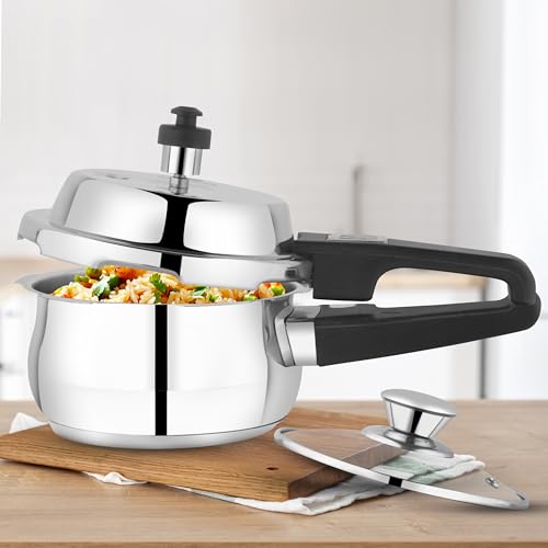 Image of GARUDA NRI Stainless Steel Pressure Cooker with Glass Lid, Handi Shape, Sandwich Bottom, Induction Compatible (1.5 Litres)
