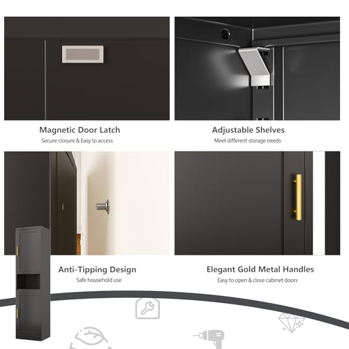 Image of Tall Narrow Pantry Cabinet for Kitchen, 67 inch H Metal Storage Cabinets with Doors and 3 Adjustable Shelves for Dining Room, Living Room and Home Office (16 inches Wide Black)