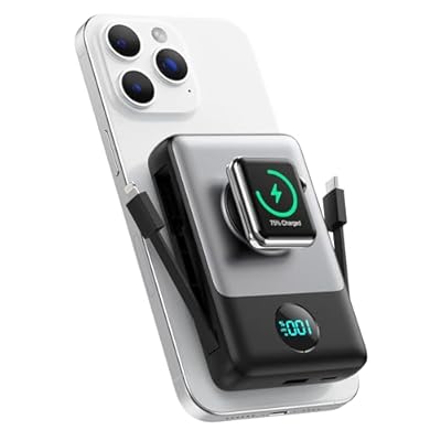 QTshine - Magnético Power Bank con Cable Integrado para MagSafe 10800mAh Bateria Externa Carga Rapida QC4.0+PD 25W USB C Inalámbrica Bateria Portatil con Pantalla LED para Apple Watch/iPhone 16/15/14/13/12